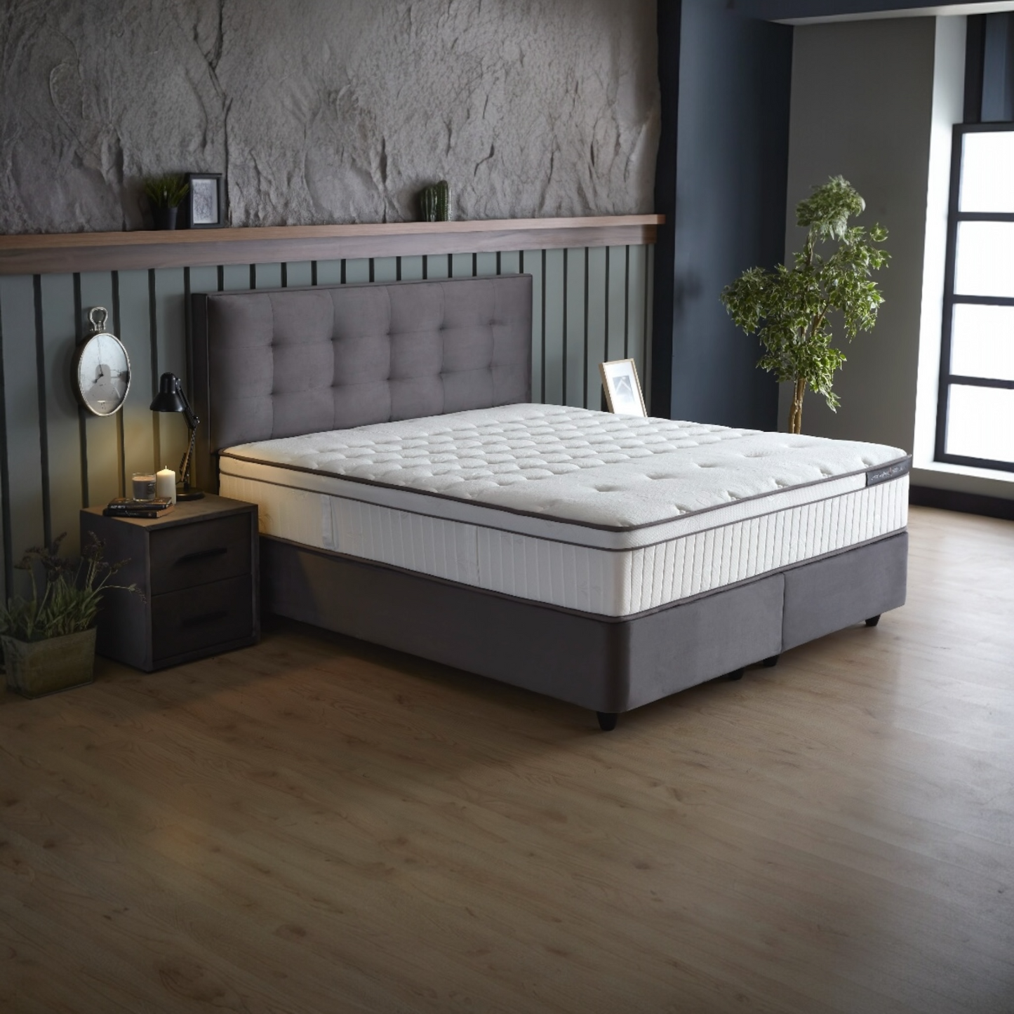 Modebed Opbergboxspring incl emma matras – Beige & Grijs