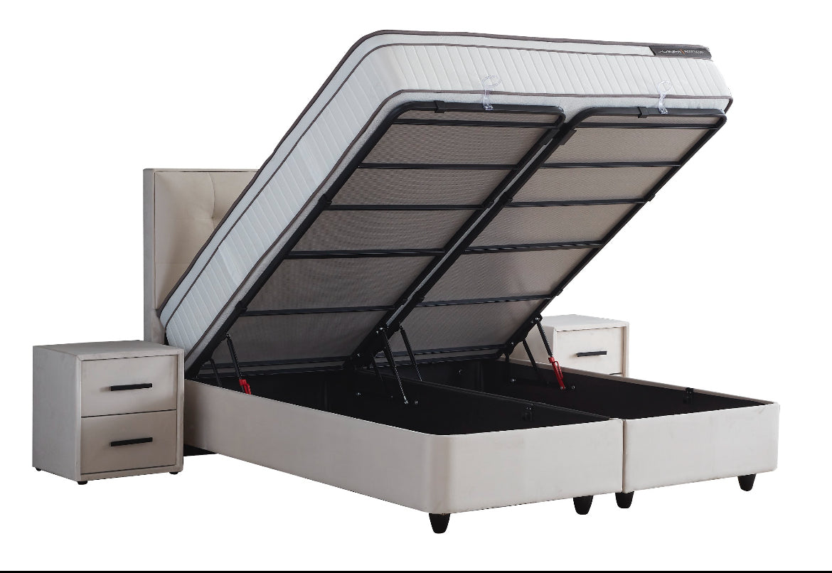 Modebed Opbergboxspring incl emma matras – Beige & Grijs