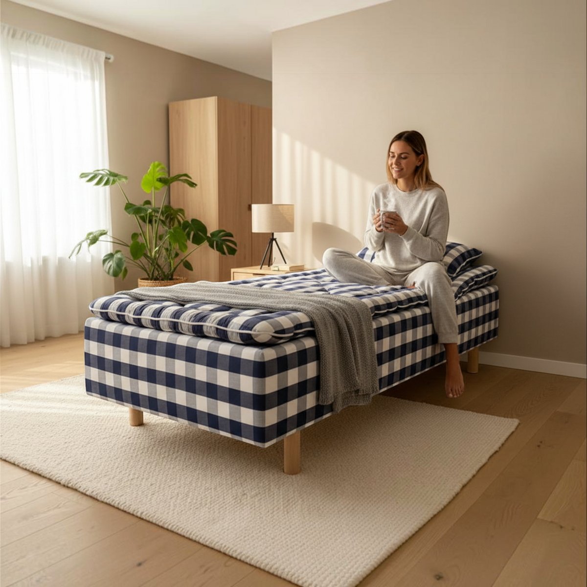 Maasstad Slapen & Wonen Hastens Superia boxspring met blauw-wit ruitpatroon en BJX topper in een lichte slaapkamer