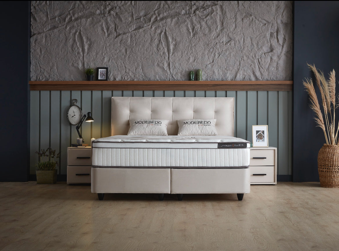 Modebed Opbergboxspring incl emma matras – Beige & Grijs