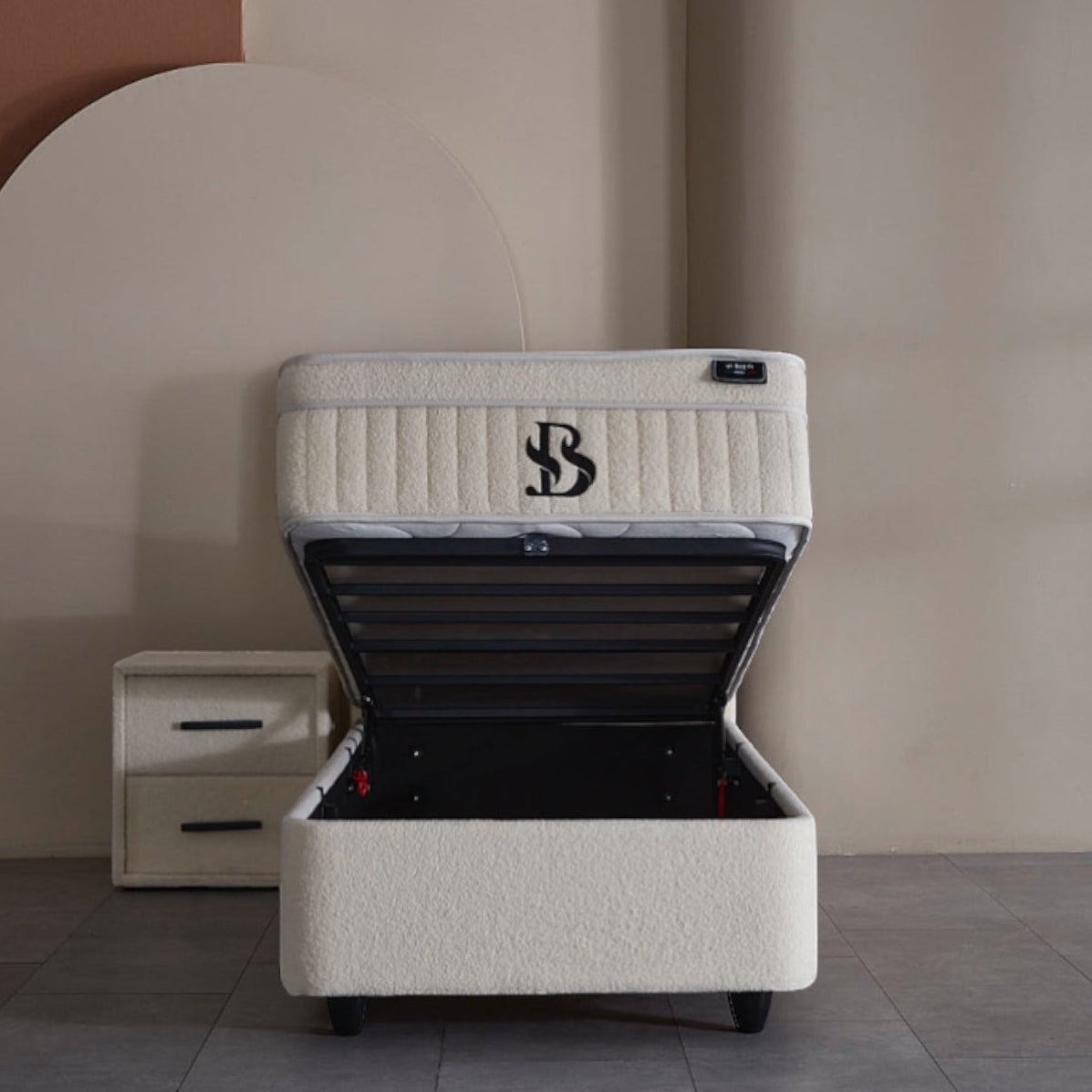 Eenpersoons Opbergboxspring Lucce – Beige Teddy