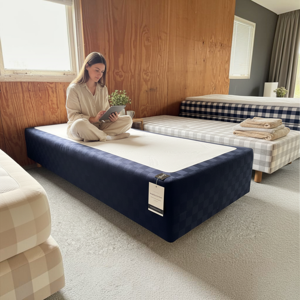 Maasstad Slapen & Wonen Hästens Excel medium matras 90x210 in donkerblauw met vrouw zittend op bed in showroom